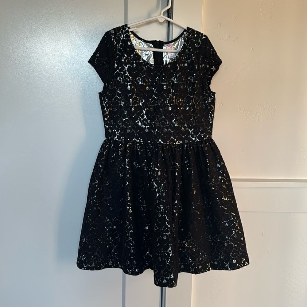 Justice Girl’s Size 10 Black Silver Dress Casual Formal Special Wear Lace EUC